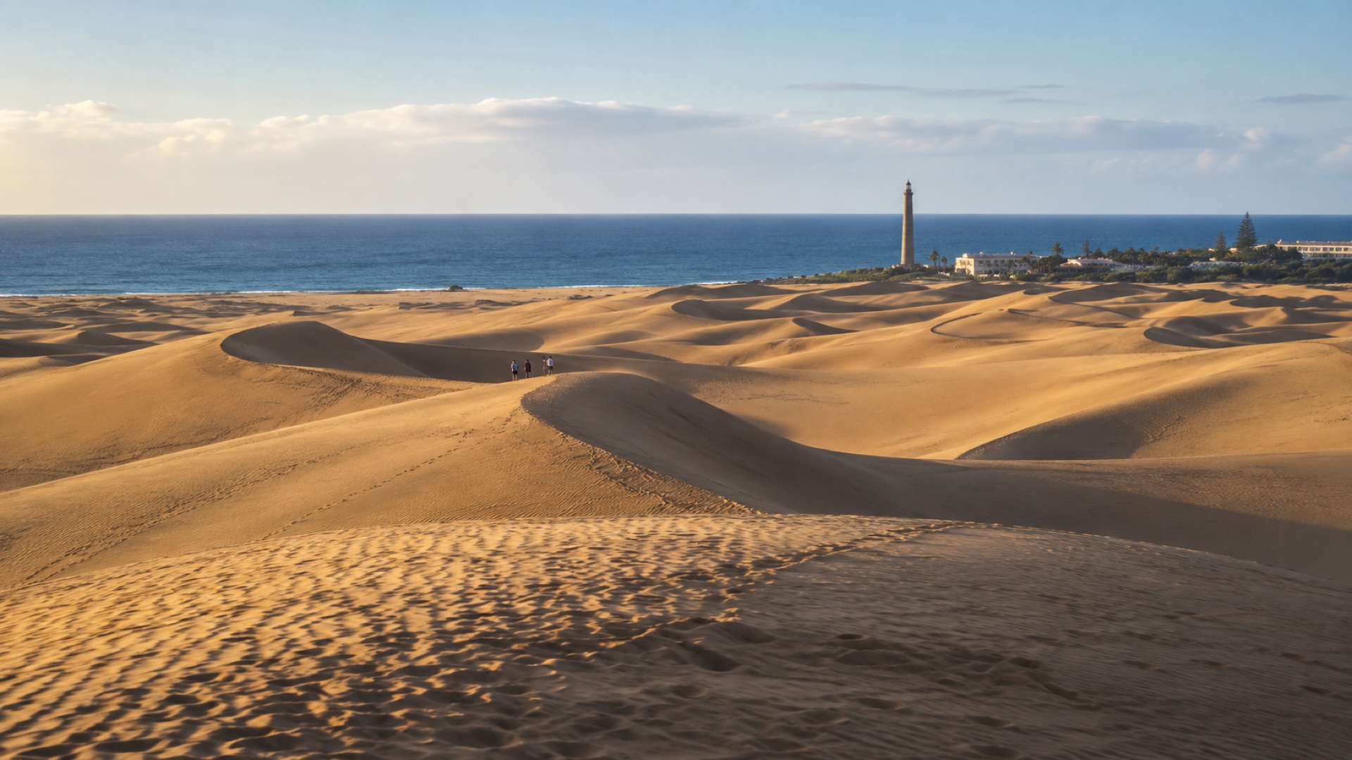 Wydmy Maspalomas na Gran Canarii w listopadowym sloncu - spacerowicze na grzbiecie wydmy, ocean i latarnia morska w tle