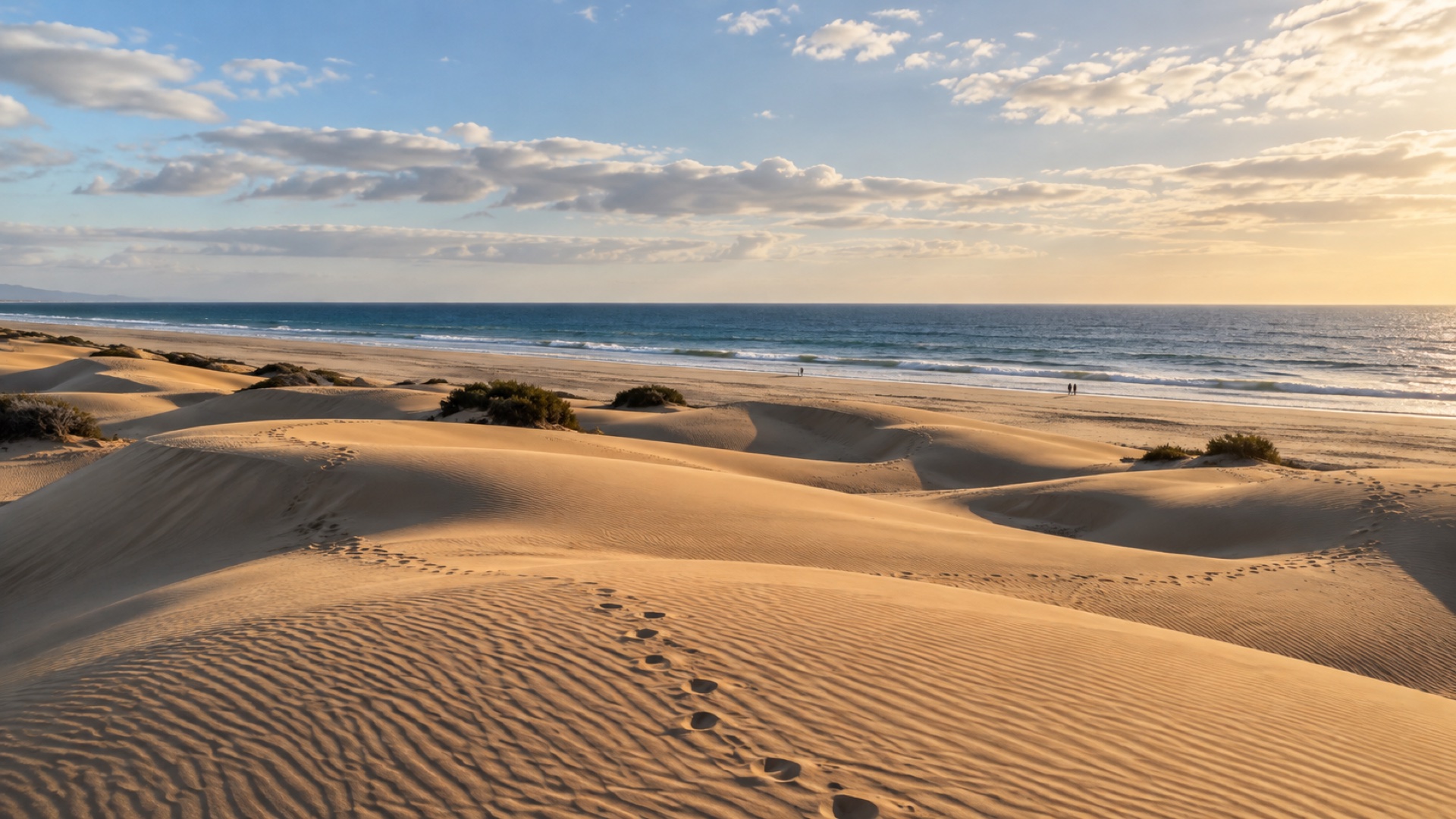 Złote wydmy Maspalomas na Gran Canarii z szeroką plażą i Atlantykiem w tle, ślady stóp na piasku.